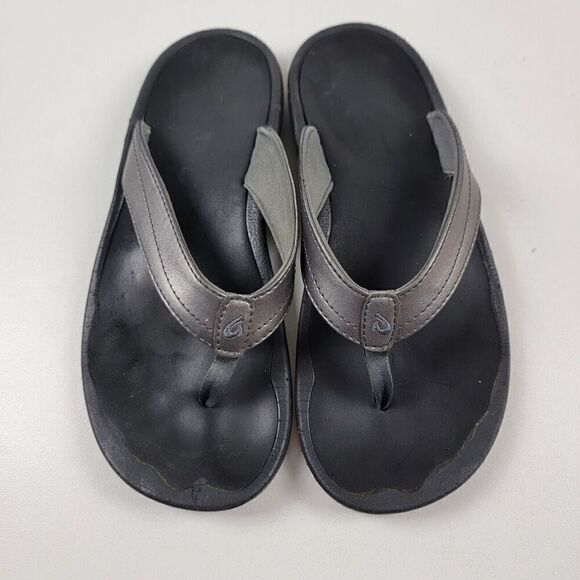 Olukai Metallic Silver Leather Flip Flop Thong Sandls Beach Comfort Womens 7.5 - Picture 1 of 11